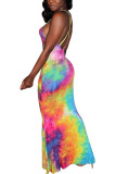 colour Polyester Fashion Sexy adult Ma'am colour Spaghetti Strap Sleeveless Slip Hip skirt Floor-Length Print backless Dresses