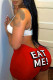 Red Sexy Living Letter Print Backless Spaghetti Strap Sleeveless Two Pieces