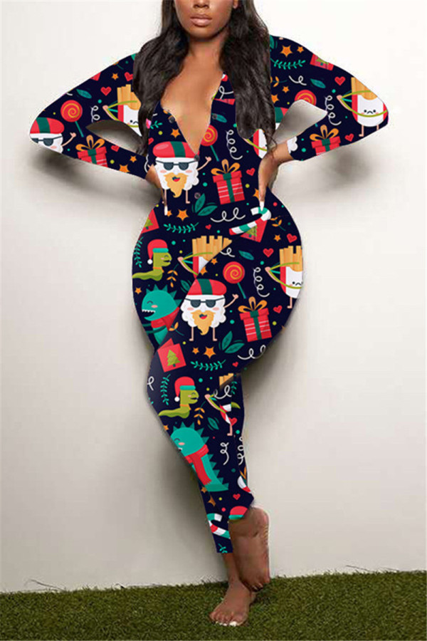 Navy Blue Casual Living Print Basic V Neck Regular Jumpsuits