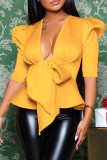 Yellow Fashion Casual Solid Basic V Neck Tops