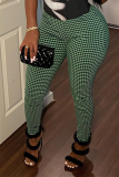 Red Casual Plaid Patchwork Skinny Mid Waist Pencil Patchwork Bottoms