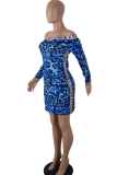 Blue Sexy Leopard Split Joint Letter V Neck Wrapped Skirt Dresses