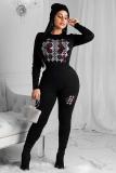 Black Polyester Fashion adult Casual asymmetrical Print contrast color diamonds Patchwork Two Piece Suits