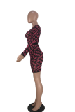 Rose Red Sexy Print Mesh One Shoulder Wrapped Skirt Dresses