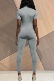 Blue Fashion Casual Solid Basic Zipper Collar Skinny Jumpsuits