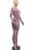 Light Purple Fashion Casual Adult Polyester Print Split Joint Letter O Neck Long Sleeve Regular Sleeve Short Two Pieces
