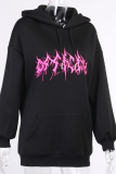 Black Street Print Patchwork Hooded Collar Tops