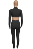 Black Fashion Street SportswearSolid Pullovers Half A Turtleneck Two Pieces