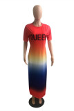 Red Sexy Casual Gradual Change Letter Print Slit O Neck Short Sleeve Dress