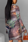 Multicolor Sexy Print O Neck Pencil Skirt Dresses