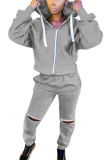 Grey Fashion Casual Adult Polyester Solid Ripped Split Joint Hooded Collar Long Sleeve Regular Sleeve Regular Two Pieces