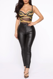 Black Sexy Print Patchwork Spaghetti Strap Skinny Jumpsuits