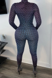 Black Sexy Print Split Joint Turtleneck Skinny Jumpsuits