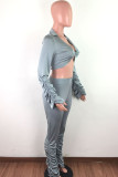 Grey Polyester OL Solid Draped crop top Boot Cut Long Sleeve Two Pieces