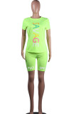 Fluorescent green Polyester Fashion Active adult Ma'am Letter Patchwork Print Two Piece Suits Straight Short Sleeve Two Pieces
