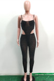 Black Fashion Sexy Print See-through Backless Spaghetti Strap Sleeveless Two Pieces