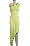 Fluorescent green Polyester Fashion Sexy One Shoulder Sleeveless one shoulder collar Asymmetrical Knee-Length hollow o