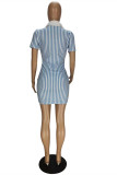 Sky Blue Fashion Casual Striped Print Basic V Neck Short Sleeve Dress