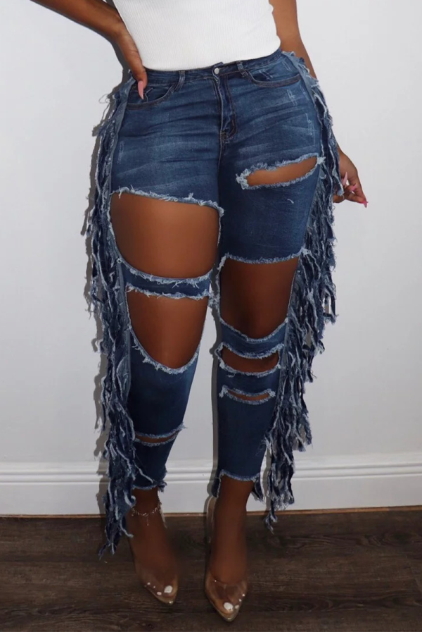 Baby Blue Casual Solid Ripped Mid Waist Skinny Denim
