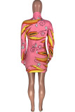 Pink Fashion adult Ma'am Street Cap Sleeve Long Sleeves O neck Step Skirt Knee-Length Print chain Dresses