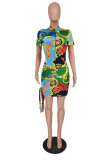 Green Fashion Casual Print Basic Zipper Collar Short Sleeve Dress