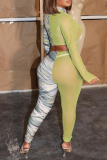 Green Sexy Camouflage Print See-through Mesh Half A Turtleneck Long Sleeve Two Pieces