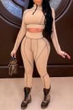 Khaki Casual Solid O Neck Long Sleeve Two Pieces