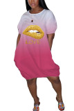 Yellow Cute Bubble sleeves Short Sleeves O neck Straight Mini Print lip Dresses