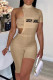 Khaki Sexy Casual Letter Embroidery Hollowed Out Turtleneck Short Sleeve Two Pieces