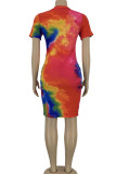 rose red Sexy Short Sleeves O neck Step Skirt Knee-Length Print Ombre Colouring Tie and dye Dresses