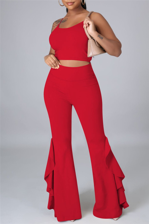 Red Sexy Casual Solid Backless Spaghetti Strap Sleeveless Two Pieces