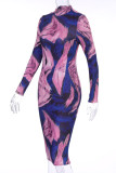 Colour Sexy Print Asymmetrical O Neck Pencil Skirt Dresses