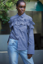 Blue Polyester O Neck Long Sleeve Solid ruffle Patchwork Blouses & Shirts