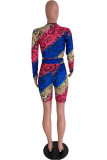 rose red and blue Casual serpentine pencil Long Sleeve Two Pieces