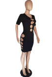 Black Fashion Sexy Solid Hollowed Out O Neck Short Sleeve Dress