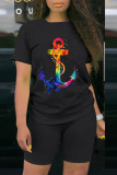 Black Fashion Casual Print Basic O Neck Short Sleeve Two Pieces