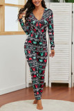 Black Sexy Print Patchwork V Neck Skinny Jumpsuits