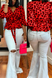 Red Street Leopard Bandage V Neck Tops