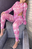 Pink Fashion Sexy Print Basic O Neck Long Sleeve Two Pieces
