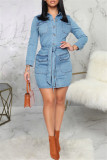 Blue Fashion Casual Solid Basic Turndown Collar Denim Dress