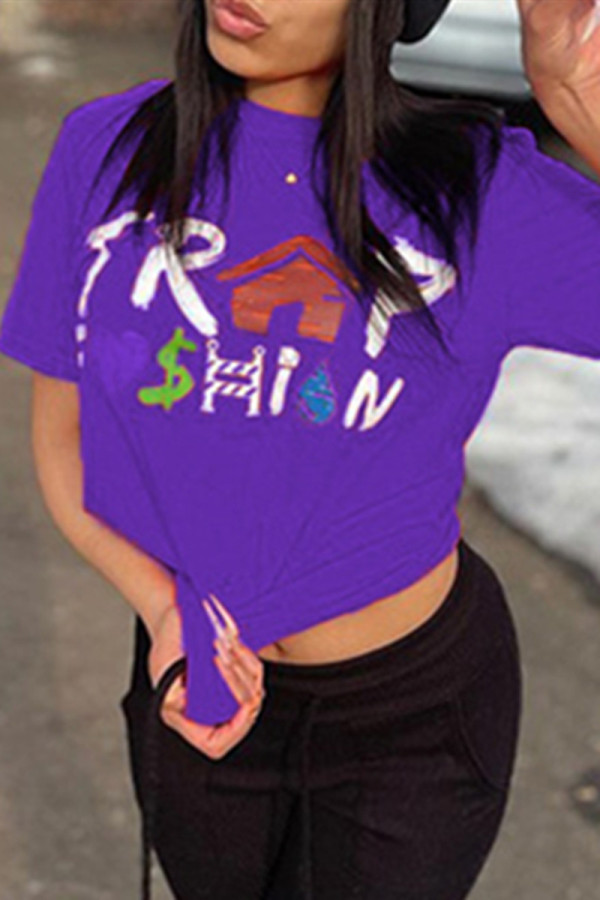 Purple Fashion Casual Print Basic O Neck T-Shirts