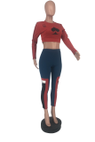 Red Casual Print Letter O Neck Two Pieces