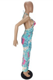 Colour Fashion Sexy Print Hollowed Out Backless Halter Sleeveless Dress