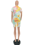 Pink Casual Patchwork Tie-dye O Neck Short Sleeve Two Pieces