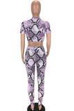 purple Polyester Fashion Sexy adult Ma'am Print serpentine Two Piece Suits pencil Short Sleeve Two Pieces