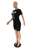 Black Fashion Casual Letter Print Basic O Neck Short Sleeve Two Pieces