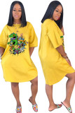 Yellow Fashion Casual adult Ma'am Black Pink Yellow Cap Sleeve Half Sleeves O neck A-Line Knee-Length Print Dresses