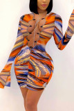 Multicolor Elegant Print Bandage O Neck Wrapped Skirt Dresses