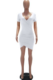 White Milk. Fashion adult Europe and America Ma'am Cap Sleeve Short Sleeves V Neck Pencil Dress Knee-Length Solid Dresses