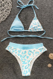 Blue Sexy Print Leopard Backless Swimwears